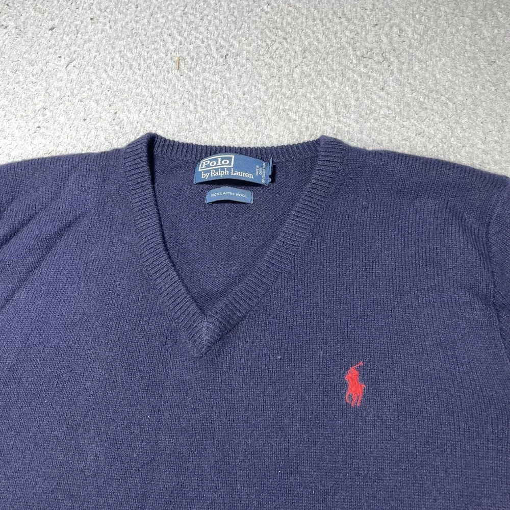 Polo‎ Ralph Lauren Sweater Mens Large Blue Lambswool V Neck Pullover Pony Logo